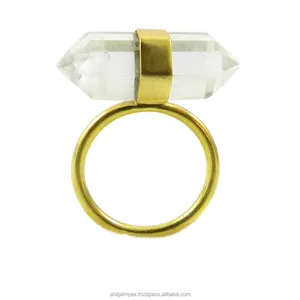 Crystal quartz pencil shape gemstone gold plated designer handcraft bezel set ring (us size)