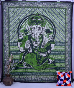 Ganesh Tapestry Green Colour Hippie <b>Wall</b> Hanging Indian Tapestries Queen Art Lord Ganesha Mandala Tapestry Good Luck Charm Decor - Product Image 1