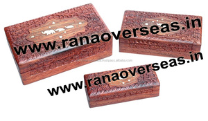 Juego de 3 Cajas Organizadoras de Joyería de Madera Tallada a Mano con Incrustaciones de Latón con Forma de Elefante - Product Image 2