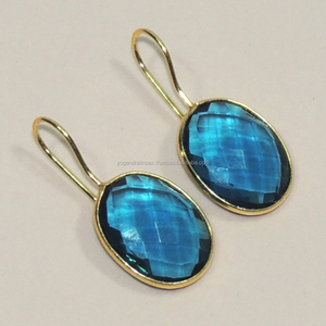 Boucles d'oreilles pendantes en argent Sterling 925, pierres précieuses de Quartz bleu suisse naturelle, plaqué or 18k, forme ovale pour elle - Product Image 1