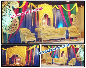 Indische Mehandi Bühne Mit Gujrati Schaukel Set Hochzeit Bunte Sangeet Bühne Hintergrund Mit Sankheda Schaukel Bühne