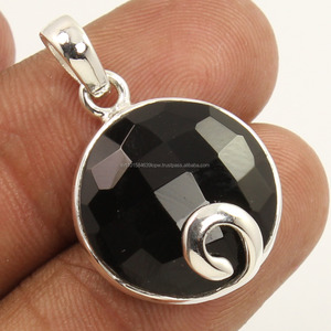 จี้ที่มีสไตล์925แท้เป็นของแข็งเงินสเตอร์ลิงกลมพลอยสีดำนิลลายตารางสีดำธรรมชาติที่น่าประทับใจของขวัญที่ดี - Product Image 1