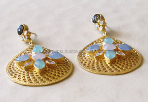 Women's Gold-Dipped Ethnic Filigree <b>Earrings</b> Multi-Color Onyx <b>Drop</b> Dangling Brass Diamond <b>Pearl</b> Wedding Engagement Party Gift - Product Image 2