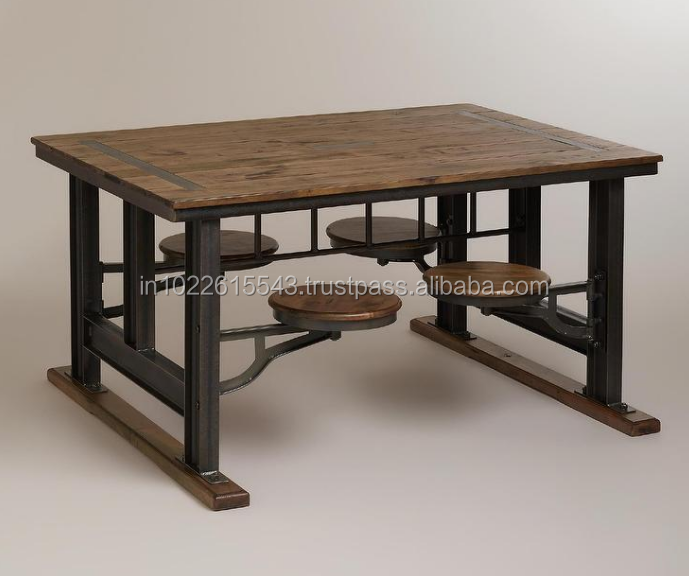 Industrial Acacia Wood Swing Seat Dining Table, Vintage Metal swing seat 4 seater Dining Table