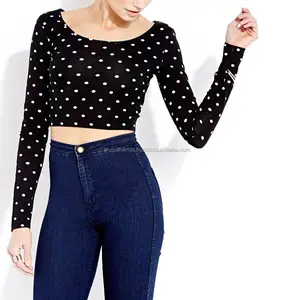 Long sleeve pure cotton spandex dot printed sexy crop top women ladies sexy custom crop tops new design ladies t shirts blouses