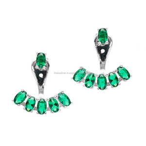 Pendiente de poste delantero y trasero de Esmeralda, hecho a mano, joyería turca de Ley 925 - Product Image 1