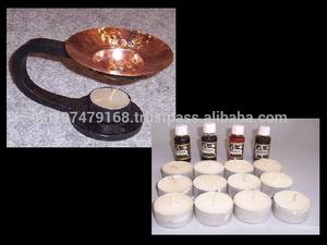 Brûleur d'encens artisanal en fer émaillé avec bol en cuivre et huile parfumée avec bougie chauffe-plat - Product Image 2