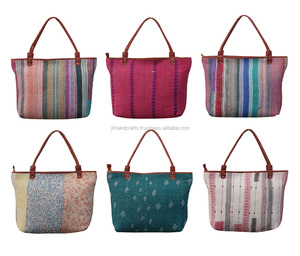 Bolso de Mano Kantha de Algodón y Cuero Nuevo al por Mayor - Product Image 1