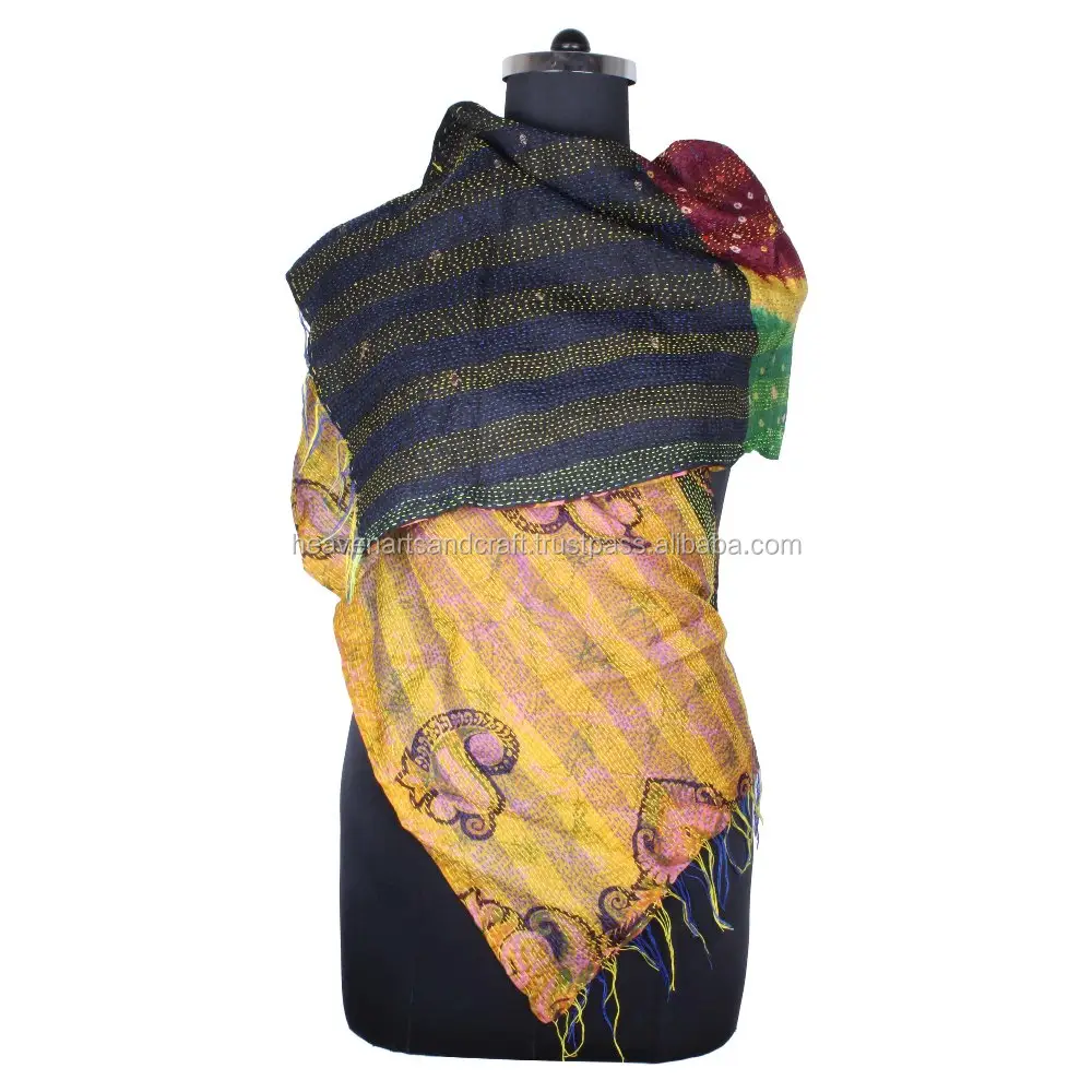 Kantha Work Silk SC1204 Foulards Vintage kantha cousu à la main en coton Allover Scarf Shawls Reversible Stole Handmade Scarf Fashion