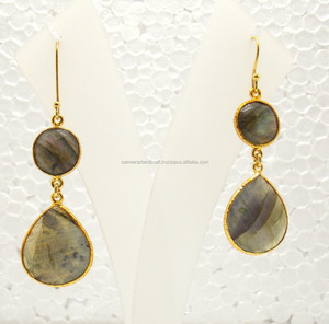 Boucles d'oreilles Vintage Labradorite en fil de fer plaqué or Boucles d'oreilles faites main en pierres précieuses naturelles multiples - Product Image 2