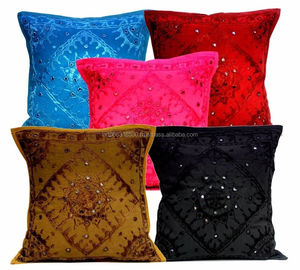 Vintage <b>Indian</b> Embroidery Mirror Work Pillow Case 16\" Red Cotton Sofa Throw <b>Cushion</b> Cover Printed Ethnic Home Decor Animal PVC - Product Image 1