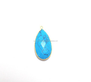 Turquoise Gemstone 925 Sterling Silver Jewelry Pear Shape 18K Gold Plated Single Bail Faceted Bezel Connector Made Brass Art - Product Image 1
