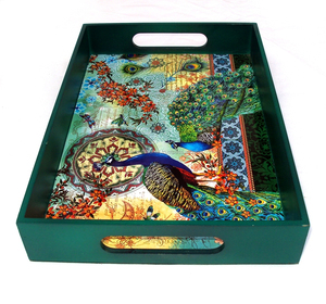 Bandeja DE SERVICIO DE MADERA rectangular personalizada hecha a mano con estampado de ilustraciones de pavos reales coloridos para servicio de comida y decoración de habitaciones - Product Image 1