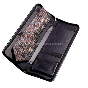 Leather zippered tie holder case with inside zip pocket to keep tie pins/Black faux leather tie holder