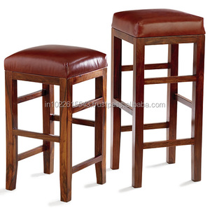 Taburete de Bar industrial de madera de acacia con asiento de cuero, sala de estar de madera maciza y muebles de oficina en casa - Product Image 1