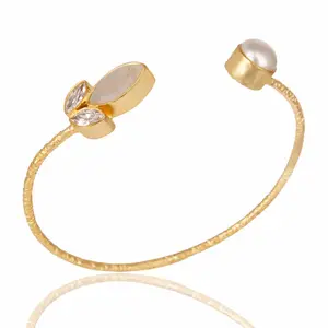 Yellow Gold Vermeil Rainbow Moonstone Pearl & CZ Sleek Brass Cuff Bangle Jewelry Wholesale And Manufacturer