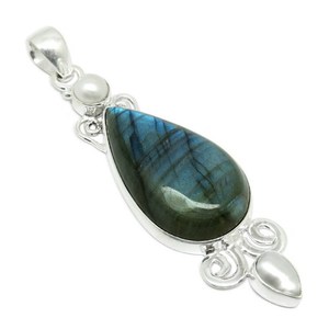 Increíble Joyería Shri Ashapura, Colgante de Plata de Ley 925 con Labradorita y Perla, Certificado por Terceros, Moderno, Unisex, para Aniversario - Product Image 2