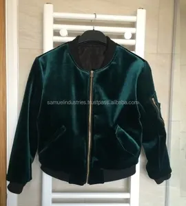 Brillante chaqueta de bombardero \ última piel sintética desmontable Trim-verde de terciopelo chaqueta de bombardero \ Criss cross mancha chaqueta de Bombardero