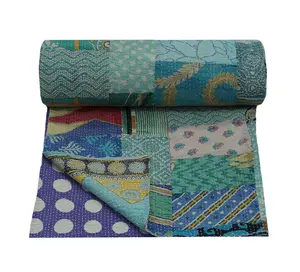 Vintage Indian Kantha Quilts Reversible Queen Size Patchwork Blanket In Cotton