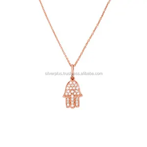 Colgante de plata de primera ley con forma de Hamsa para mujer, joya G-H, cadena, oro rosa de 14 quilates, 14K, Color diamante Natural, fabricante y exportador