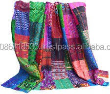 King ผ้านวมควิลท์แบบโบราณ,ทำมือวินเทจทำจากผ้าไหม Patola Sari Kantha ผ้าห่มงานเย็บปะ - Product Image 4