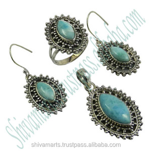 Nouveau conçu 925 bague en argent Sterling pendentif boucles d'oreilles ensemble de bijoux Larimar pierres précieuses ensembles de bijoux fins exportateurs avec naturel - Product Image 2