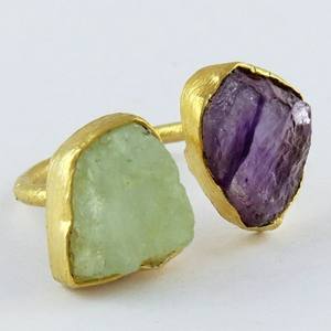 Anillos chapados en oro y plata de ley 925, amatista aguamarina, piedra rugosa, joyería de plata India - Product Image 1