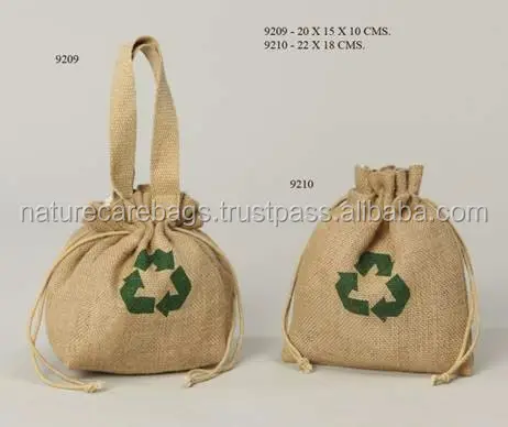natural jute drawstring gift bag with self jute handle/cheap small importer of jute shopping drawstring bag