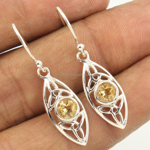 ต่างหูแบบห้อยอัญมณีสีเหลืองซิทรินธรรมชาติต่างหูเงิน925แข็ง - Product Image 1
