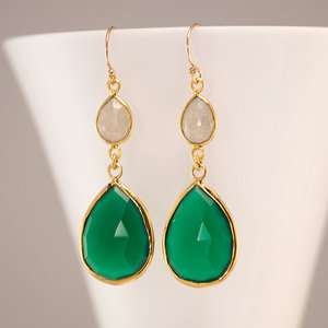 Boucles d'oreilles en argent sterling 925, pierres de lune et d'onyx verte, en or - Product Image 1