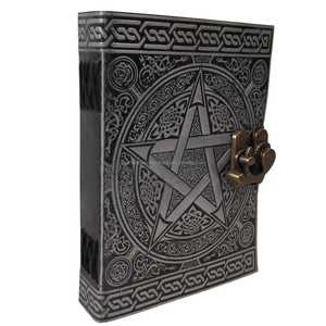 Journal en cuir véritable Pentagramme antique gaufré noir avec argent fait à la main en coton blanc papier jour organisateur personnel cahier - Product Image 2