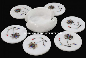 Unique And Antique Design Pure White Marble Round Shape Flower Inlay Tea <b>Coaster</b> <b>Set</b> Or Home Decorate And Corporate Gift Item - Product Image 3