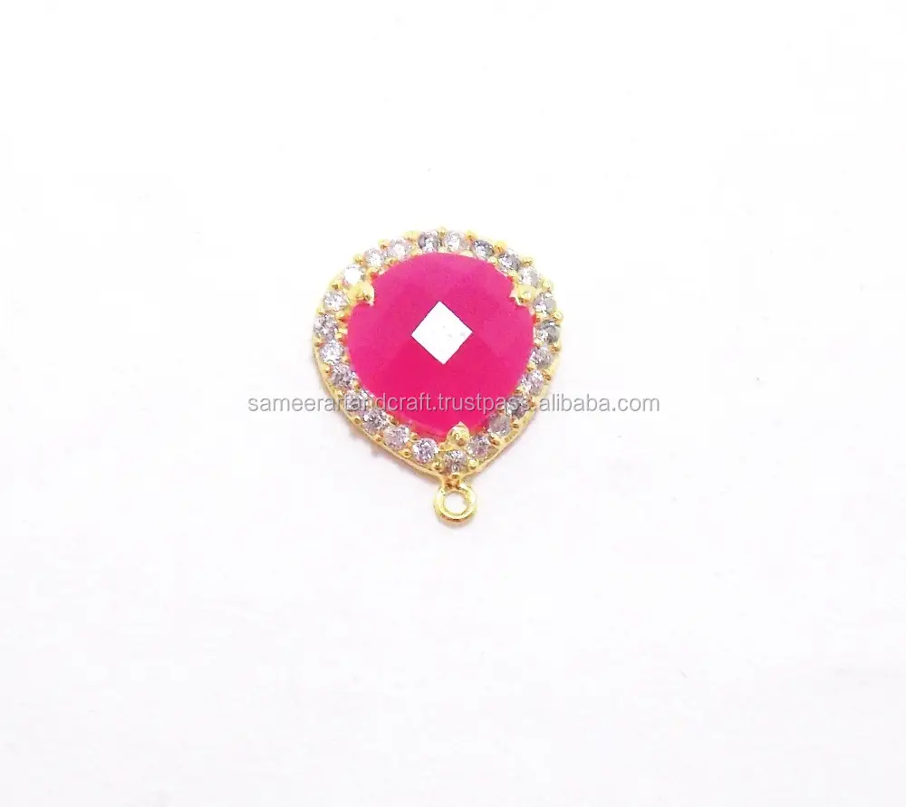 925 Sterling Silver Hot Pink Chalcedony Bezel 12Mm Bentuk Pir dengan Zirkon Berlapis Emas Konektor Liontin Perhiasan