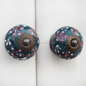Boutons de tiroir à fleurs en céramique verte traditionnelle faite à la main, poignées de commode, d'armoire de cuisine, poignées de porte, vente en gros CK-1107 - Product Image 1