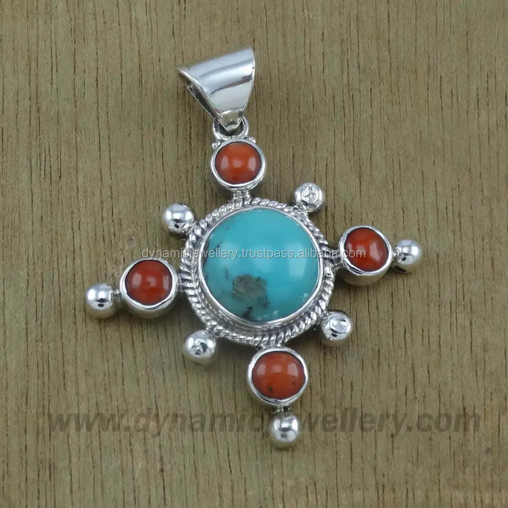 Pendentif pierre précieuse de corail et turquoise, pierre précieuse argentée 925