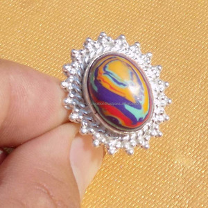 Magnifique bague de forme ovale en jaspe multicolore élégante pierre précieuse 10x12mm de taille 925 en argent sterling plaqué lunette ensemble bague bijoux - Product Image 1