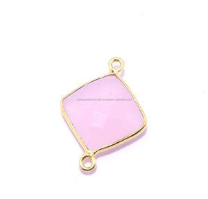 Vintage chapado en oro 12x12mm cuadrado Rosa Calcedonia facetado ágata piedra de nacimiento hecho a mano Boho solo doble fianza conector joyería - Product Image 3