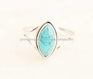 Conjunto de bisel de anillo de piedras preciosas de corte Marquesa turquesa de plata de ley unisex con Piedra Natural Certificada GRS para boda o fiesta - Product Image 1