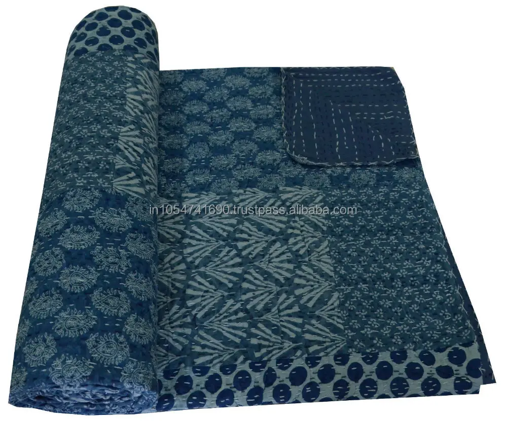 Handmade Khanta Quilt Indigo Blue Dabu Kantha Bed Cover Ethnic Bed Spread Patchwork Throw Indian Indigo Blue Kantha Quilts