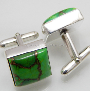 Gemstone de Cobre Turquesa y Plata de Ley 925 para Gemelos de Camisa, Gemelos Lisos y con Tachuelas, Joyería para Hombre - Product Image 2