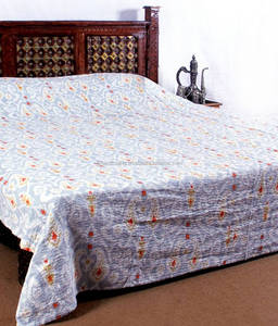 Handmade Gray Ikat Kantha <b>Quilt</b> Washable Cotton <b>Bedding</b> Throw with Vintage Style for Home or Hotel Use - Product Image 1