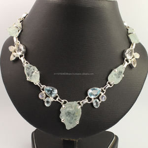 Impresionante collar llamativo de Plata de Ley 925 con piedras preciosas de cuarzo de cristal de TOPACIO AZUL AGUAMARINA Natural para boda - Product Image 2