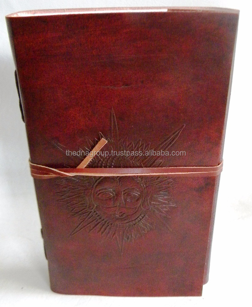 Кожаный дневник с изображением солнца, винтажный кожаный блокнот ручной работы с ремешком и застежкой