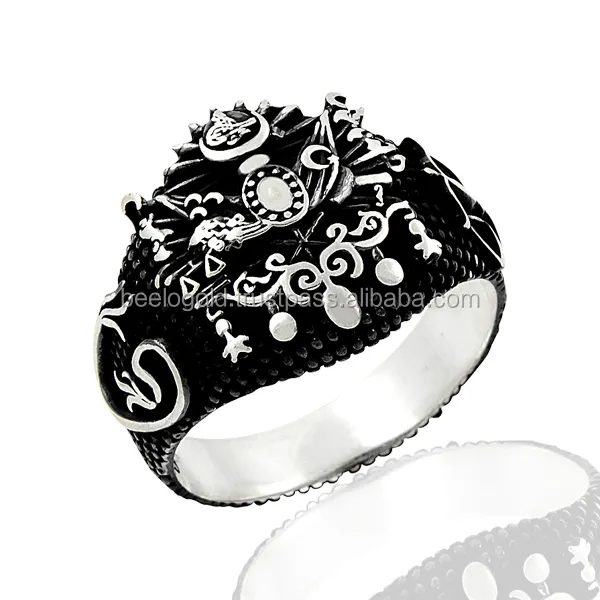 925 Sterling Silver Onyx Ottoman Tugra Men Ring Hot Selling Antique Pattern Silver Color Men Ring Jewelry Ottoman Empire