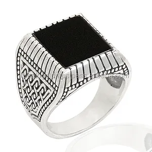 925 стерлингового серебра оригинальный квадратный оникс дешевые мужские кольца высокого качества для мальчиков; Для мужчин в богемном стиле панк кольца для мужчин