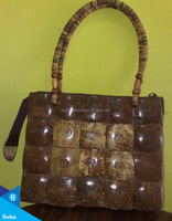 Bolso de Hombro de Coco Natural Barato Hecho a Mano en Bali, Indonesia, Bolso de Playa con Cierre de Cremallera y Patrón de Rayas para Mujer