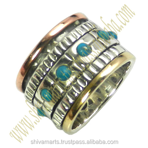 Beautiful Three Tone Texture 925 Sterling Silver Turquoise Gemstone <b>Spinner</b> Eternity Vermeil <b>Ring</b> for Unisex Gift - Product Image 3