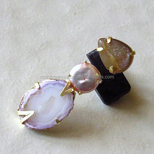 Bague cocktail en agate de fenêtre plaquée sans nickel faite à la main, sertie de micro-inserts, avec boucles d'oreilles en laiton incluses, style bohème tendance - Product Image 1