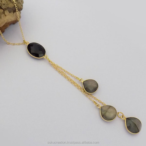 สร้อยคอโซ่ยาวดีไซน์คลาสสิก soku #3367สร้อยคอทองเหลืองชุบทองประดับหินลาบราดอไรต์พลอยนิลสำหรับปาร์ตี้ - Product Image 3