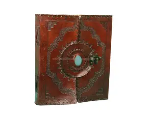 Handmade Paper Embossed Leather Center Stone Journal With One Brass Latches